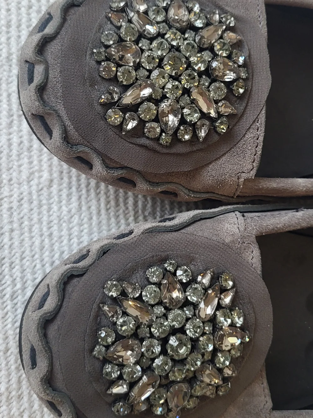 Vera Wang Gray Jeweled Suede Slip-On Flats